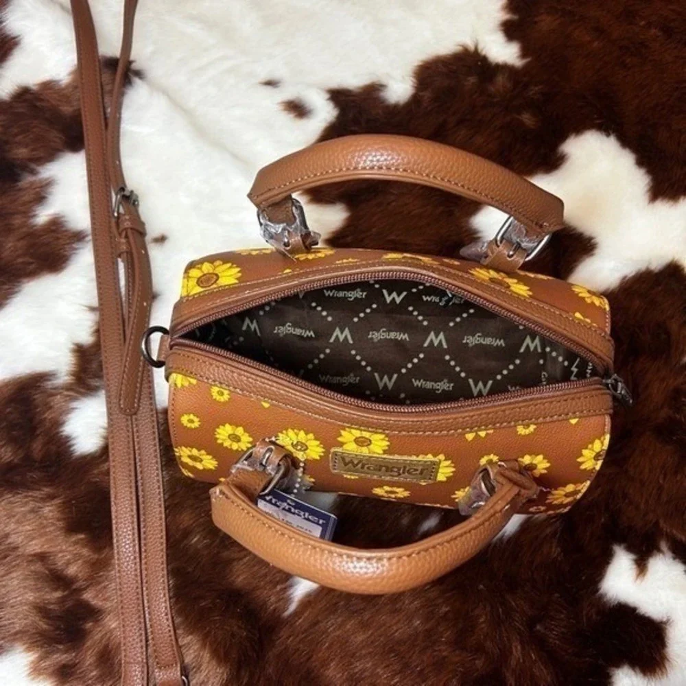 Wrangler Sunflower Barrel Crossbody Bag Brown Vegan Leather Western Satchel NEW
